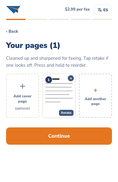 The pages step of the ProntoFax send flow, with one photographed page added