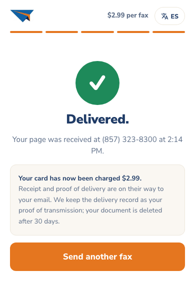 The delivered screen, confirming the page was received and the card charged $2.99