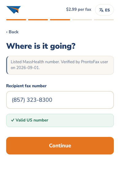 The destination step, with a MassHealth fax number entered and confirmed as valid