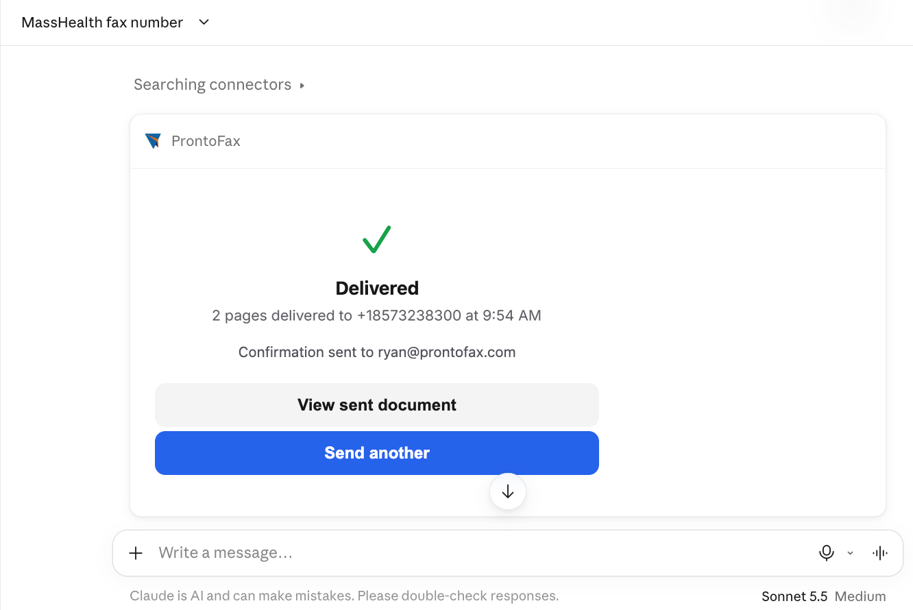 The ProntoFax form in the chat showing Delivered, with the page count, the number and the time.
