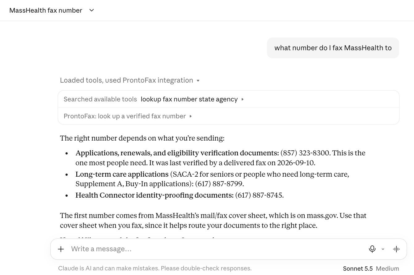 A Claude chat. The user asks what number to fax MassHealth to, and Claude shows that it used the ProntoFax lookup tool.