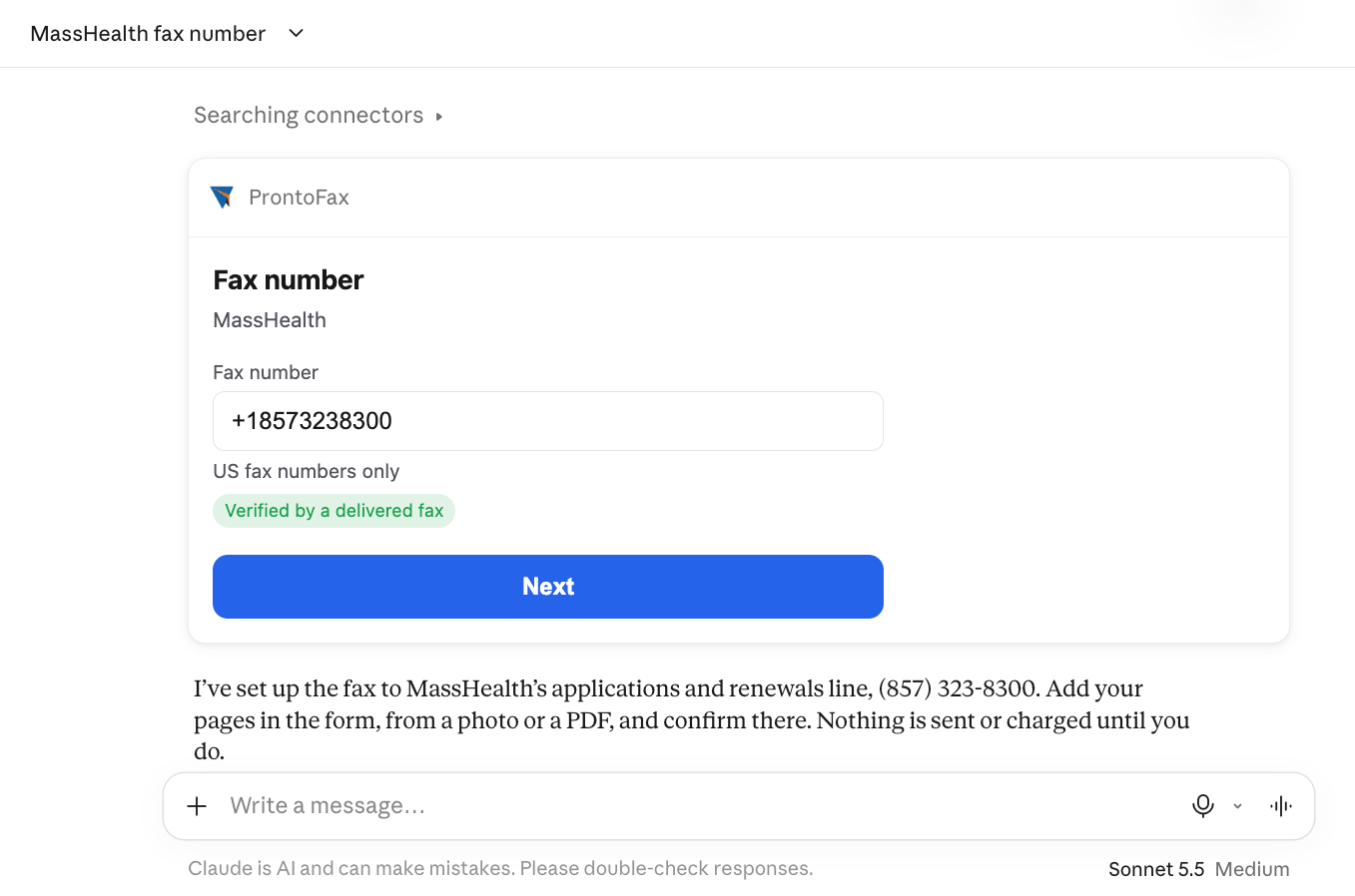 The ProntoFax form inside the Claude chat, with the MassHealth fax number filled in and a Next button.